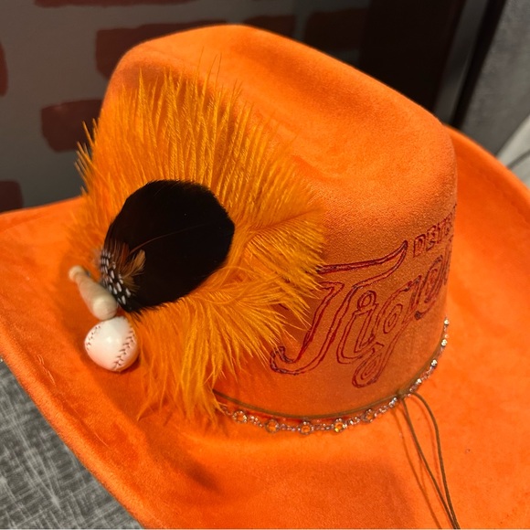 Vibrant Orange Burnt Detroit Cowboy Hat with Beaded Band and ostrich feathers